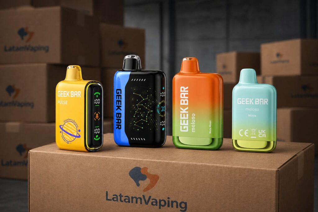 Modelos Geek Bar Pulse, Pulse X, Meloso y Meloso Mini sobre caja de distribución Latam Vaping
