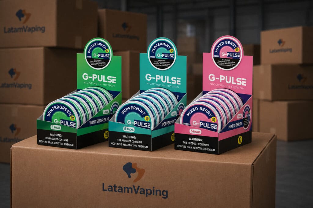 Exhibidores G-Pulse Nicotine Pouches Wintergreen, Peppermint y Mixed Berry sobre caja de distribución Latam Vaping