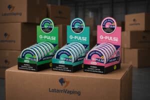 Exhibidores G-Pulse Nicotine Pouches Wintergreen, Peppermint y Mixed Berry sobre caja de distribución Latam Vaping